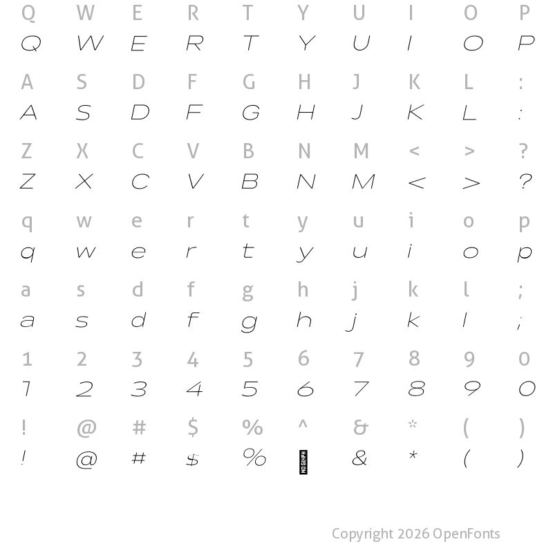 Character Map of Lama Sans ExtraLight Expanded Italic
