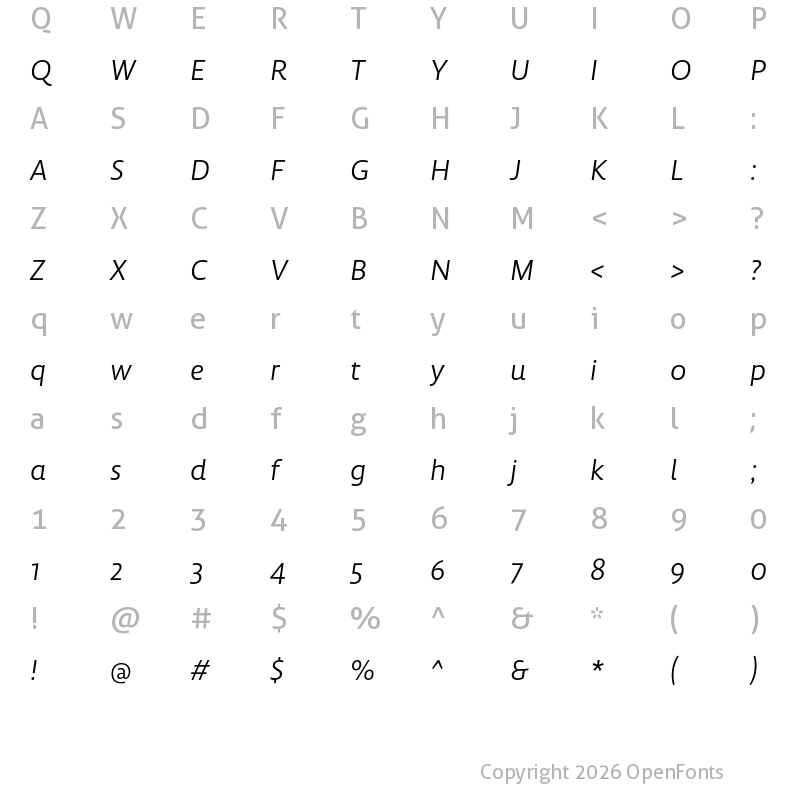 Character Map of Lemon Sans Next SLight Italic