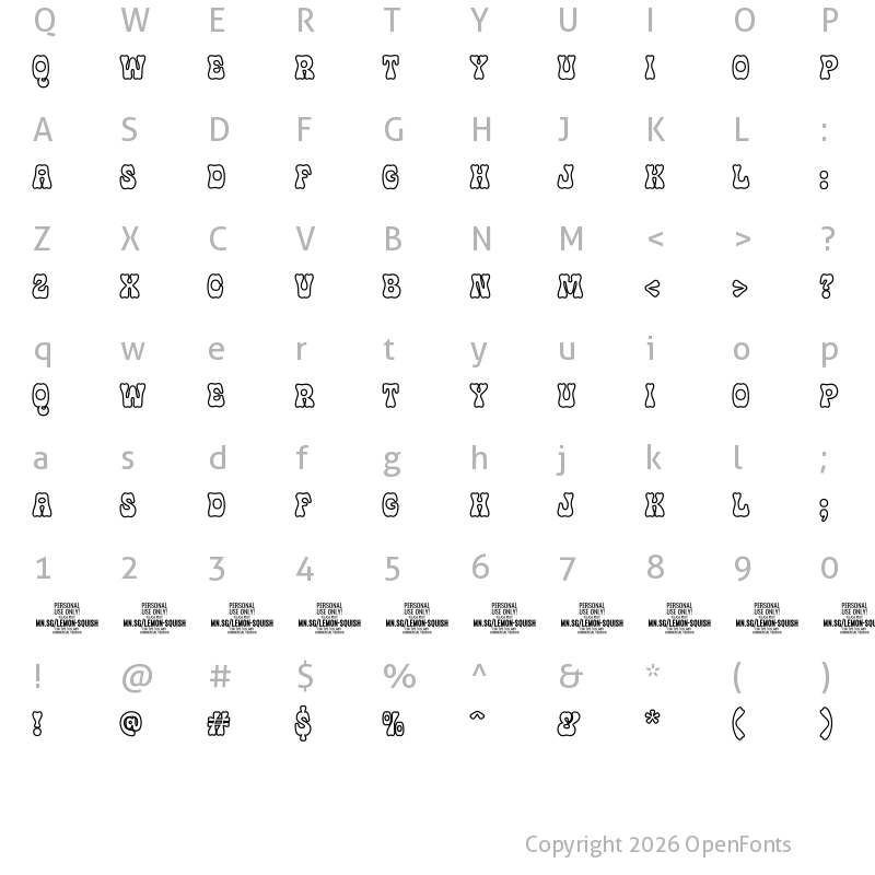 Character Map of Lemon Squish Outline PERSONAL Regular