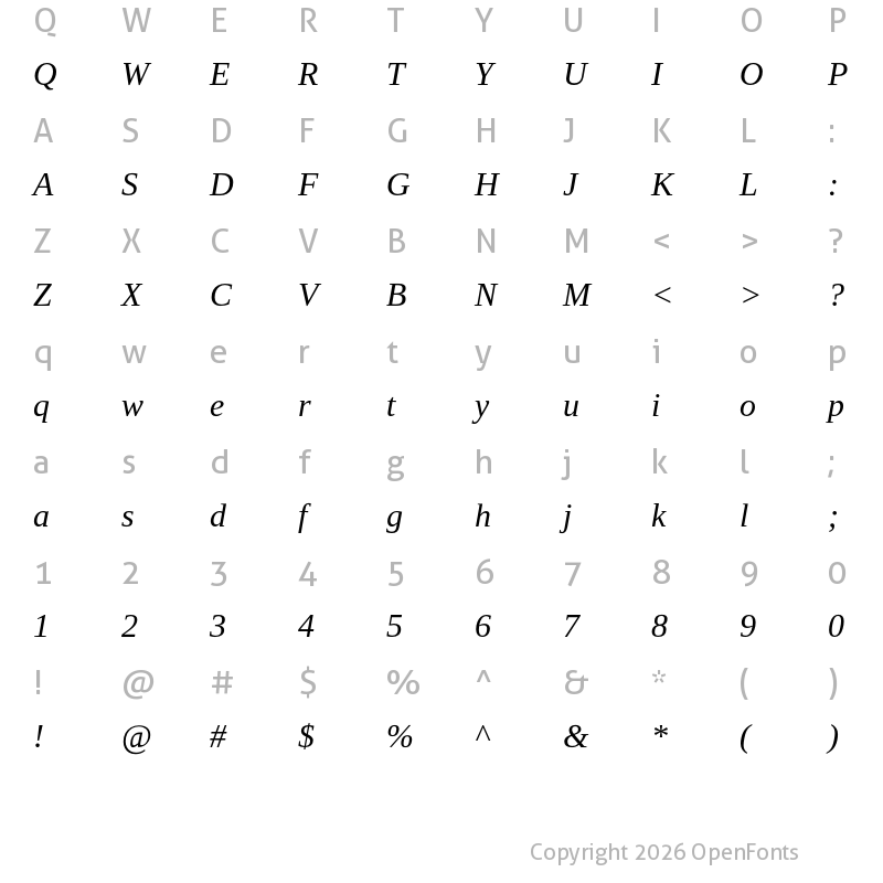 Character Map of Libra Serif Modern Italic