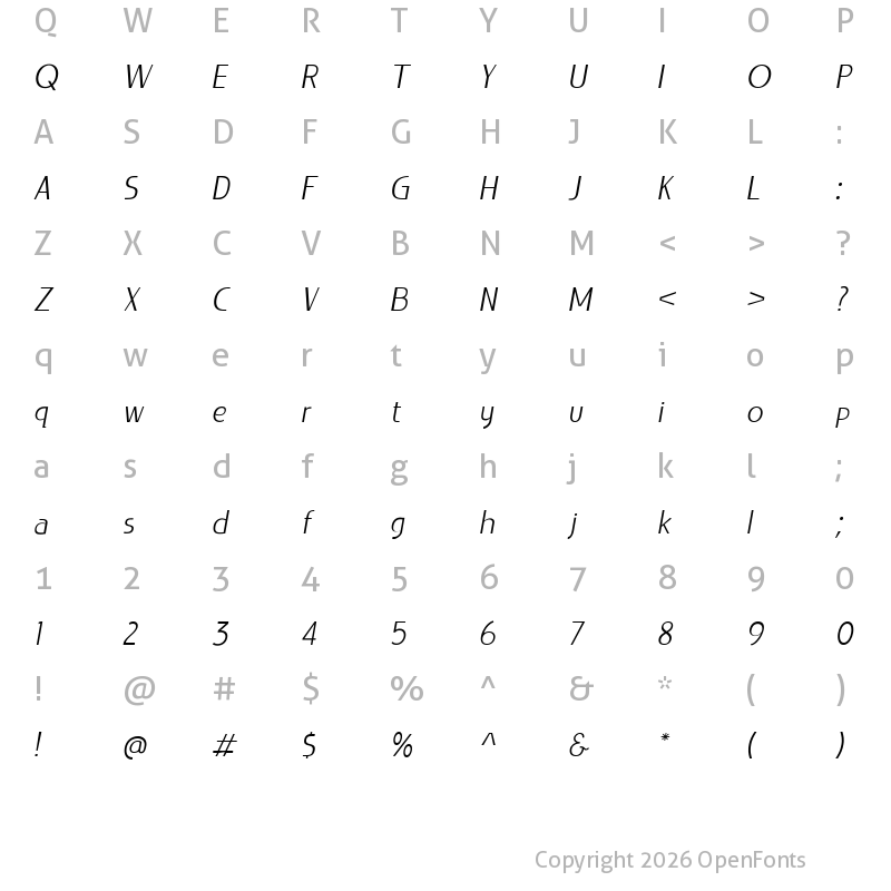 Character Map of LIEUR-PERSONAL USE Light Italic