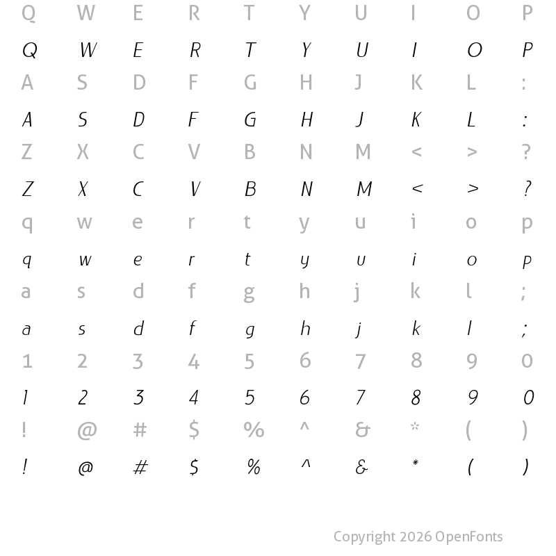 Character Map of LIEUR PERSONAL USE ONLY Light Italic