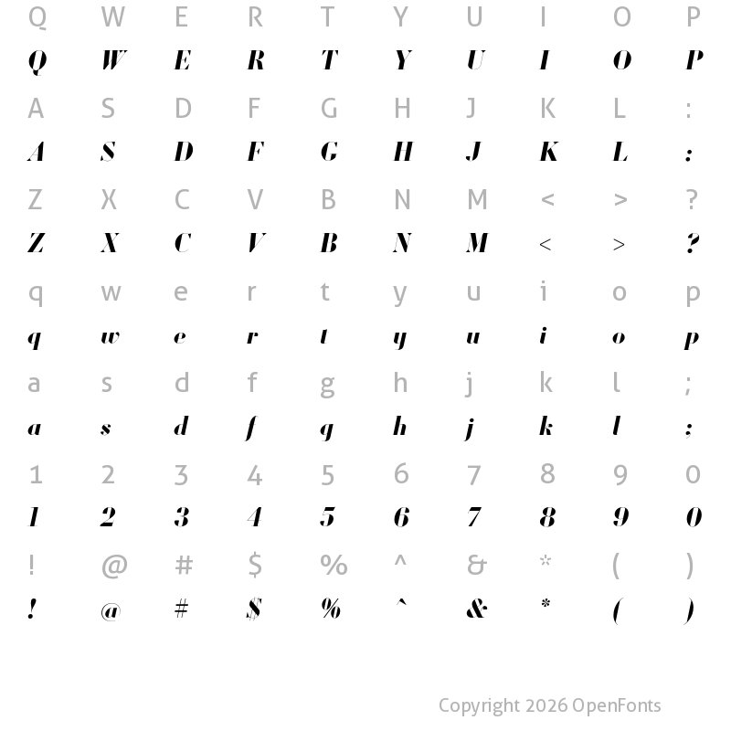 Character Map of Louvette Banner Bold Italic