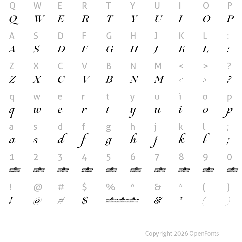 Character Map of Lovelace Script Trial Medium