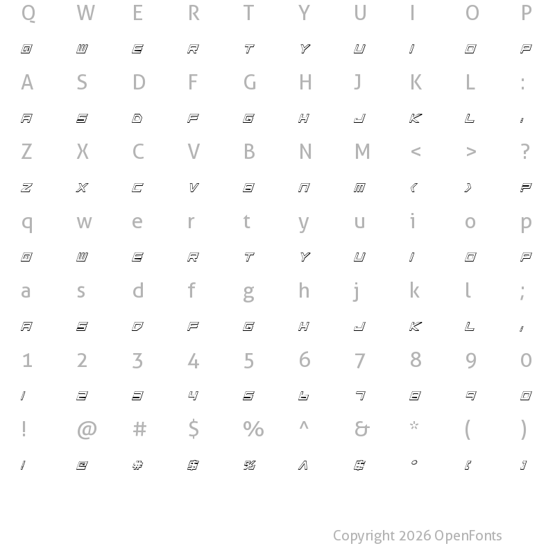 Character Map of Low Gun Screen Bold Italic 3D Bold Italic 3D