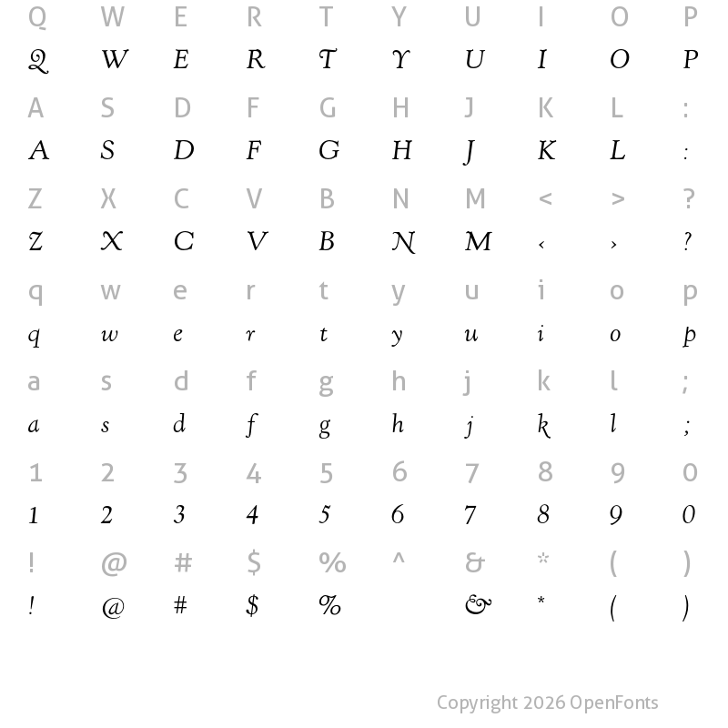 Character Map of LTC Kennerley Pro Italic