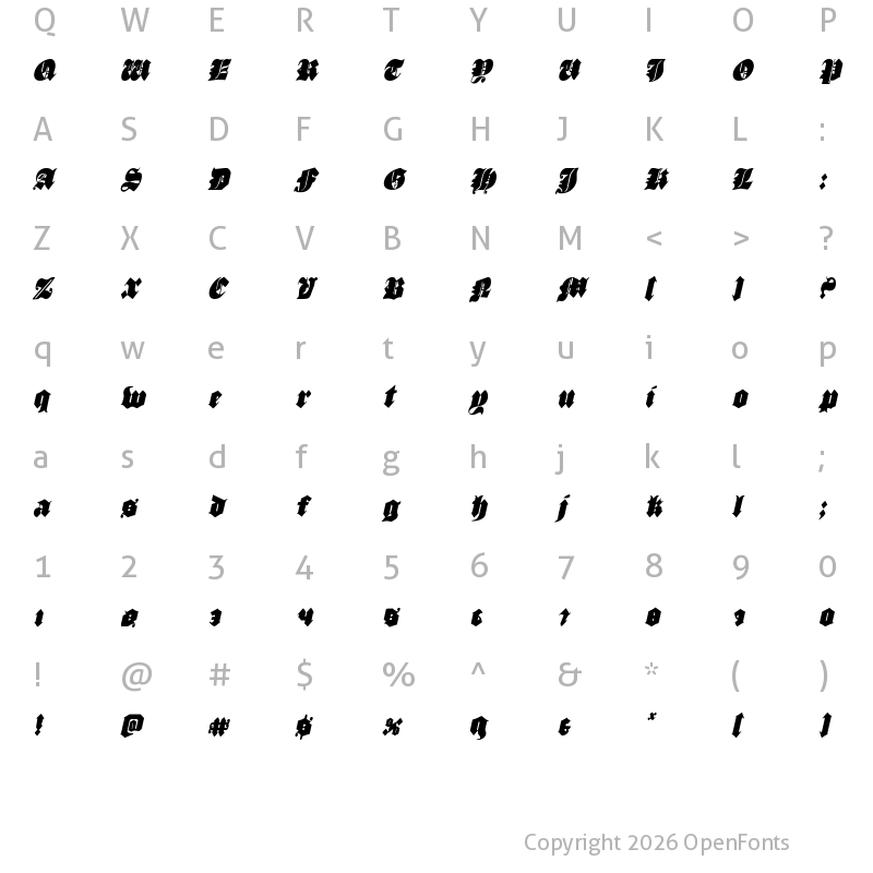 Character Map of Lux Contra Tenebras Condensed Italic Condensed Italic