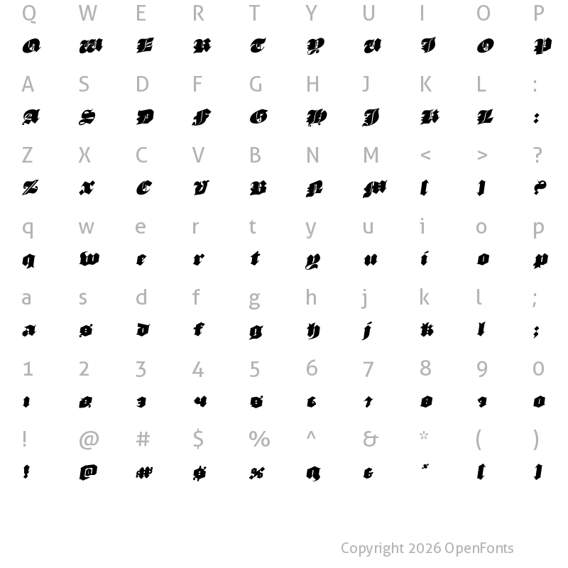 Character Map of Lux Contra Tenebras Rotatalic Italic