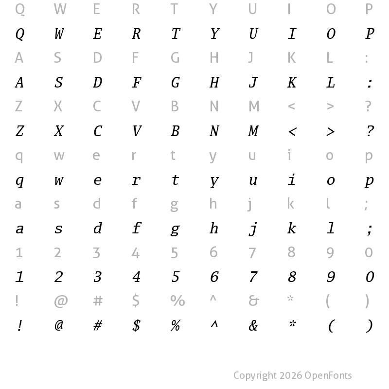 Character Map of Luxi Mono Oblique