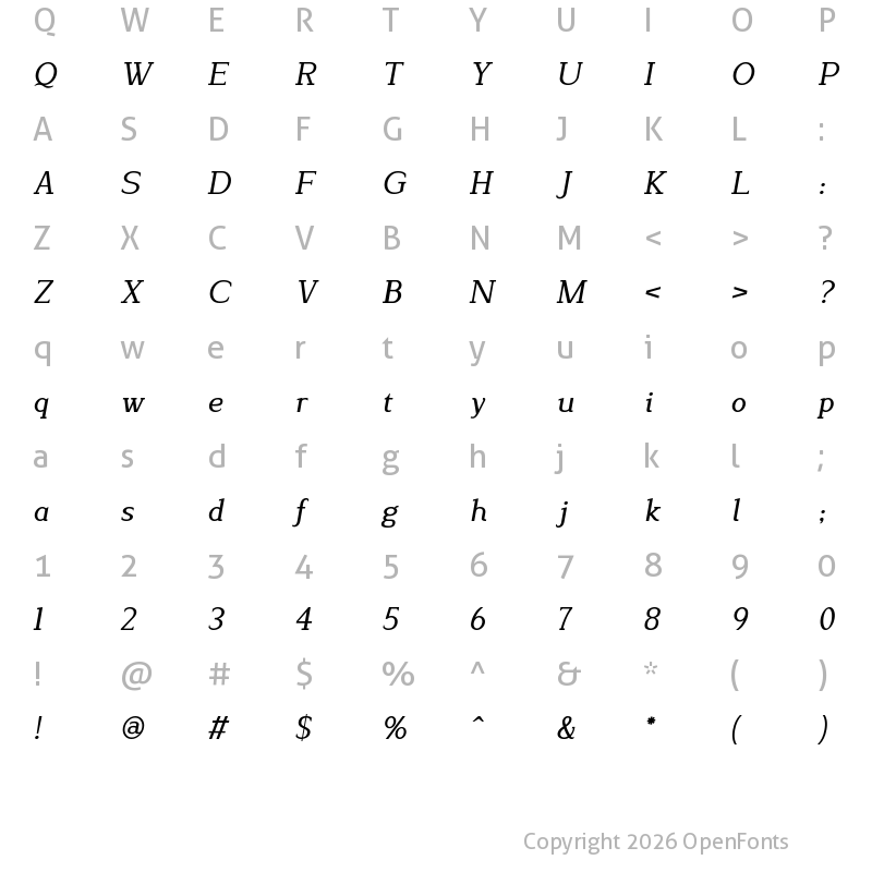 Character Map of Lyons Serif Italic