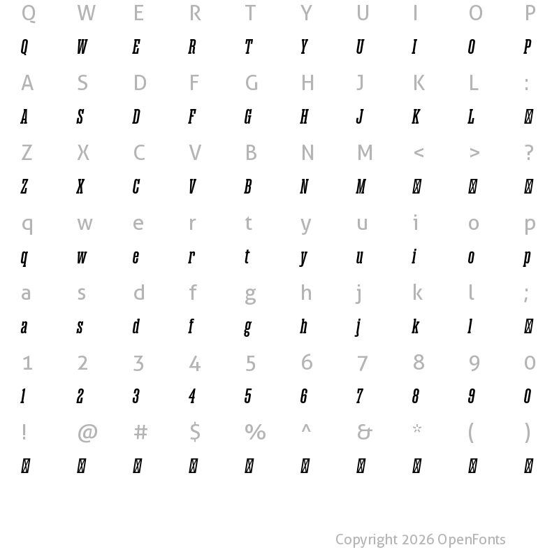 Character Map of Magno Serif Trial Bold Oblique