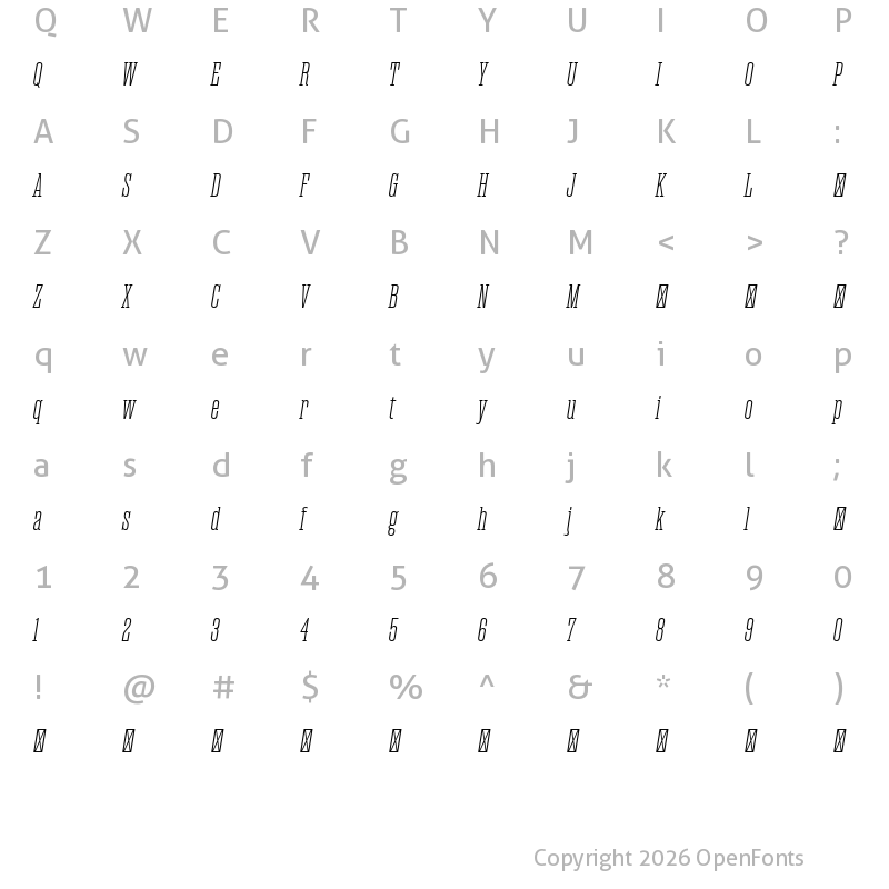 Character Map of Magno Serif Trial Light Oblique