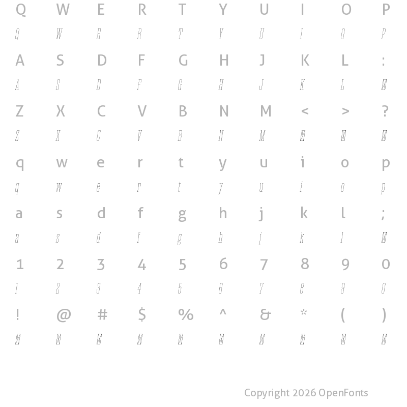 Character Map of Magno Serif Trial Thin Oblique