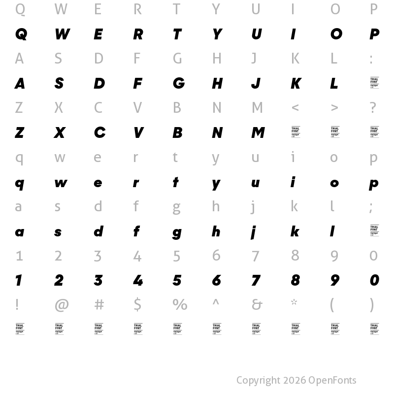 Character Map of Majorant TRIAL Black Italic