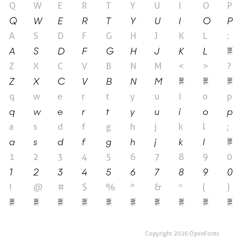 Character Map of Majorant TRIAL UltraLight Italic