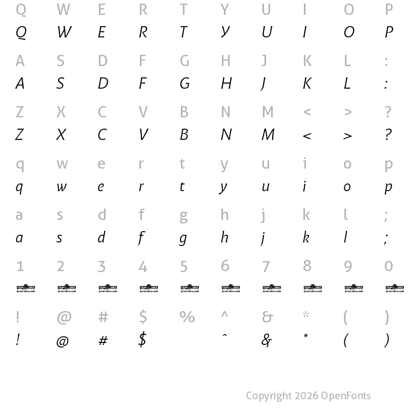 Character Map of Malik Trial Book Italic