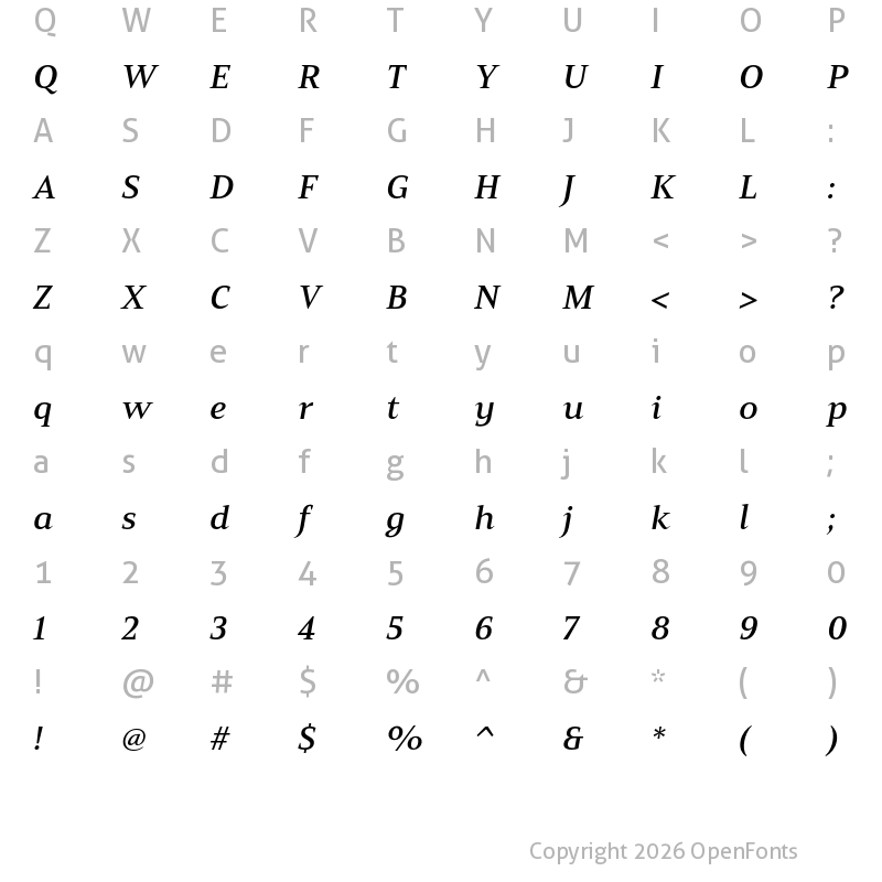 Character Map of Mandrel Ext Demi Italic
