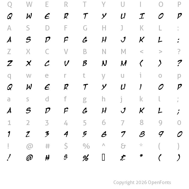 Character Map of Manga Temple Italic