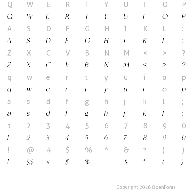 Character Map of Mangiola Thin Italic