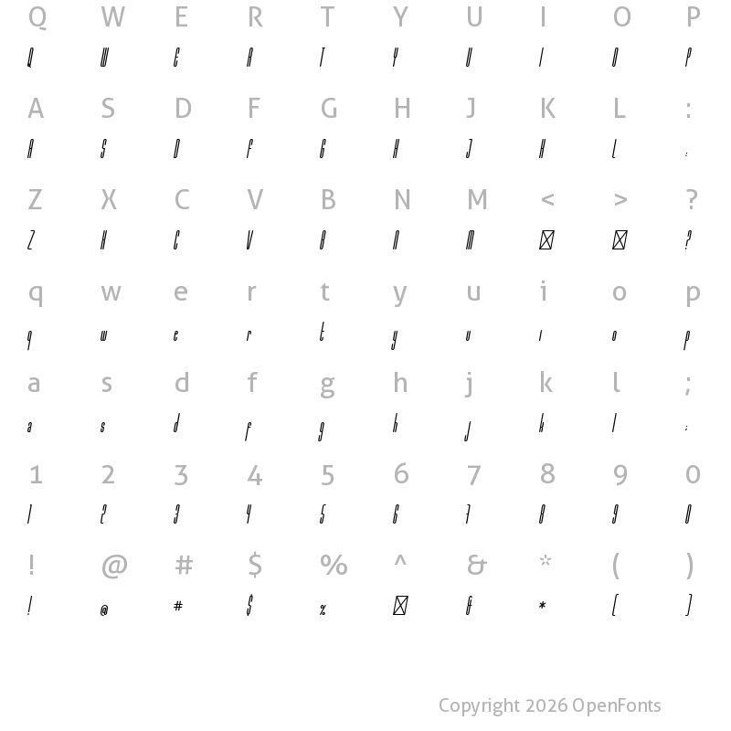Character Map of Marbellya Bold Condensed Italic