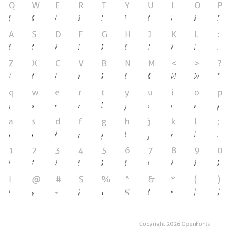 Character Map of Marbellya Condensed Italic