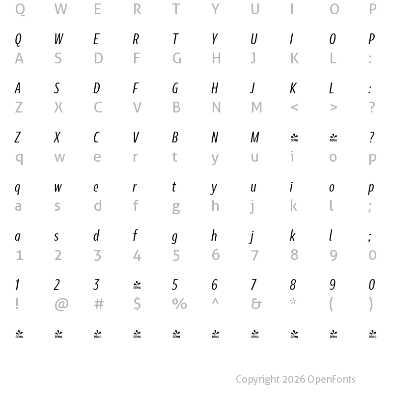 Character Map of Marble Display Condensed Regular Italic