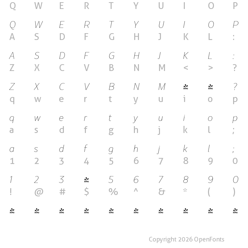 Character Map of Marble Display Wide Thin Italic