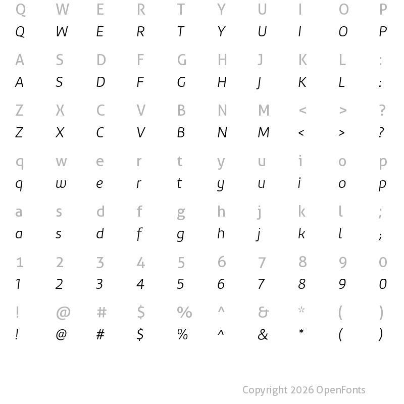 Character Map of Marine Light Italic