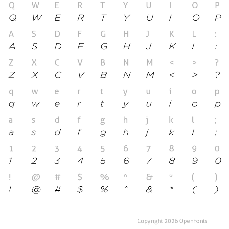 Character Map of Meinily Extra Light Italic