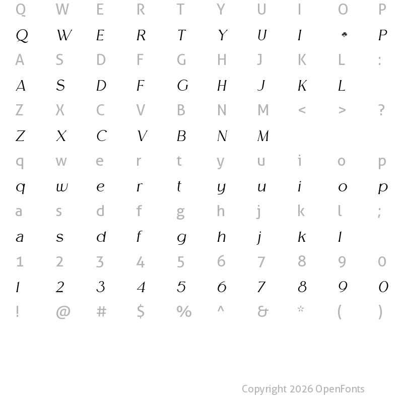 Character Map of Melion Thin Italic