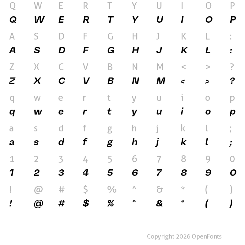 Character Map of Mena Grotesk SemiBold Italic