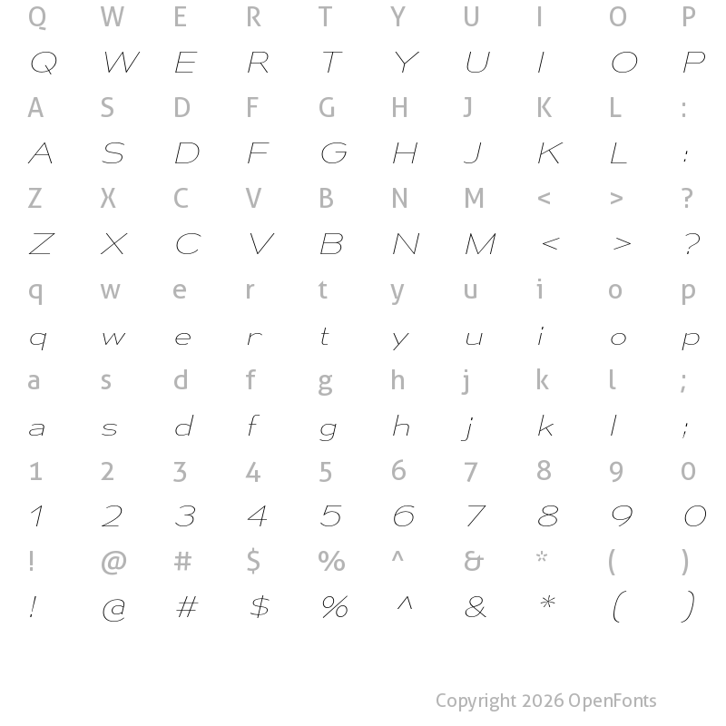 Character Map of Mesmerize Expanded UltraLight Italic