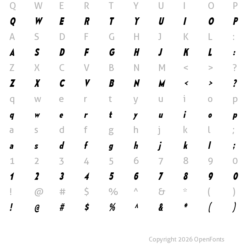 Character Map of Mesmerize SemiCondensed Bold Italic