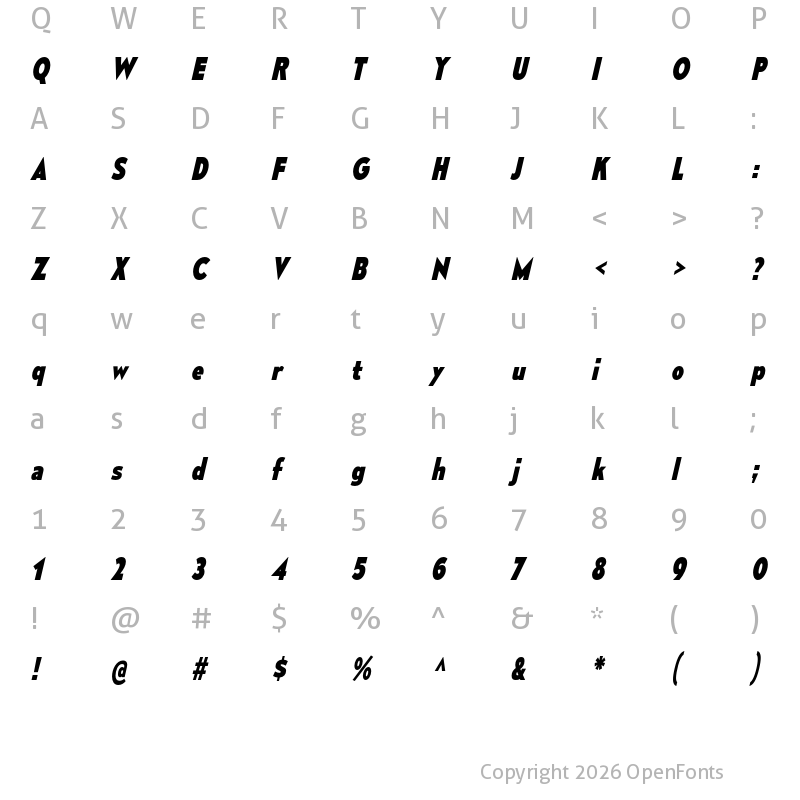 Character Map of Mesmerize SemiCondensed ExtraBold Italic