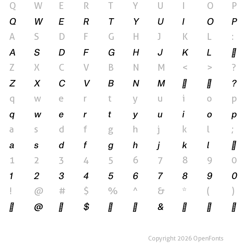 Character Map of Metrik Trial Medium Italic