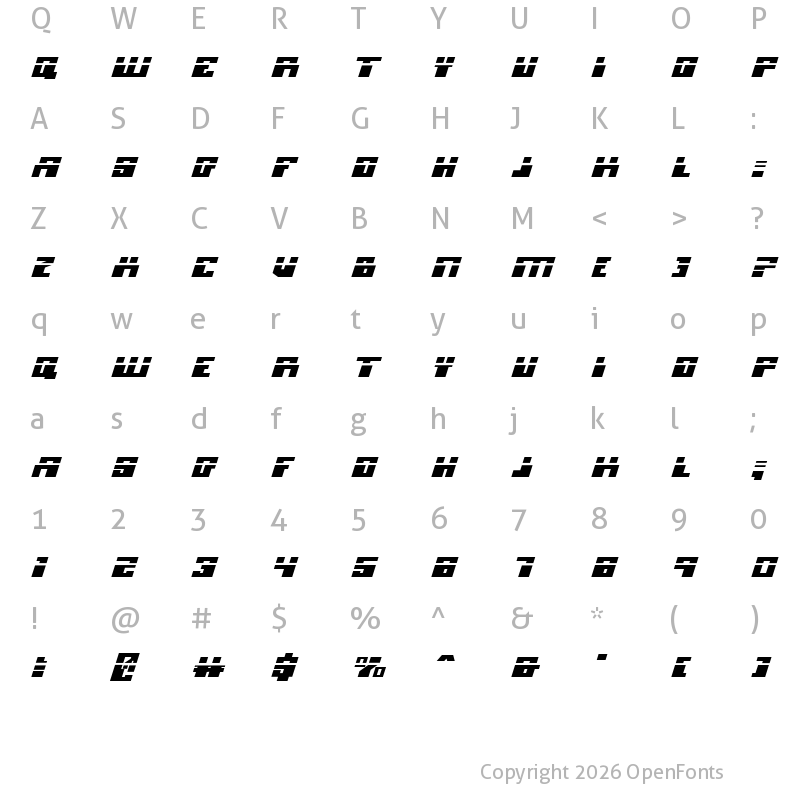 Character Map of Micronian Expanded Laser Italic Expanded Italic