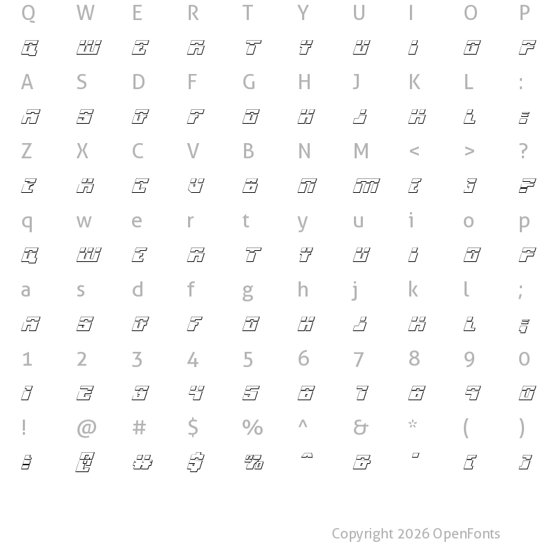 Character Map of Micronian Laser 3D Italic Italic