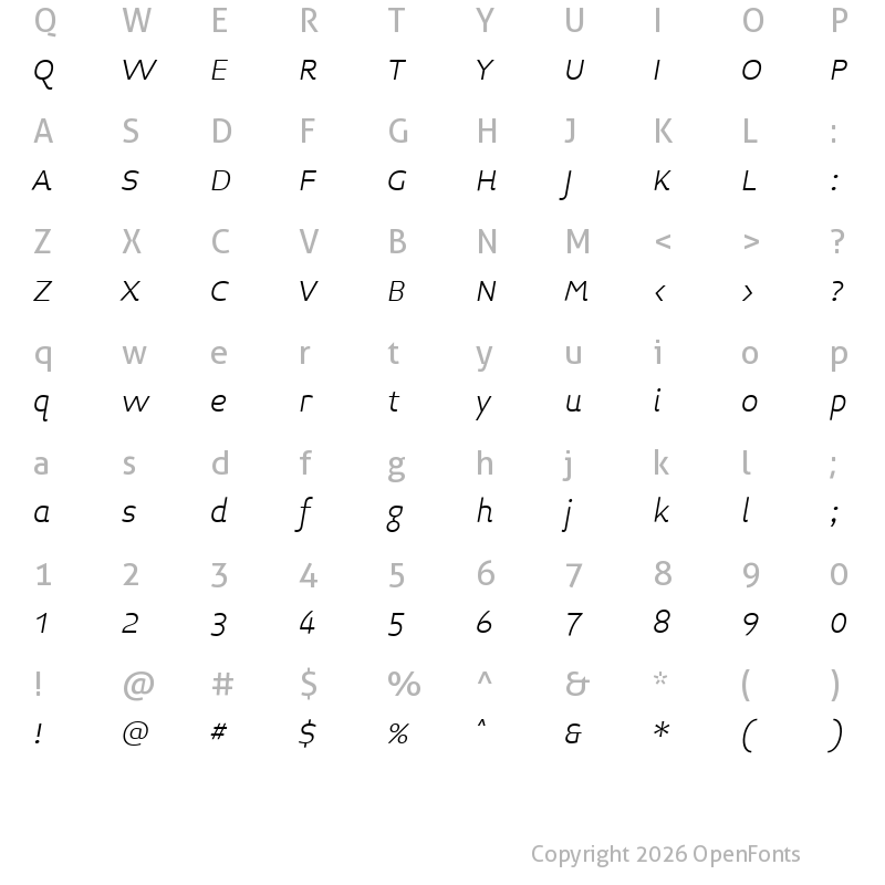Character Map of Midiet Sans Italic Light