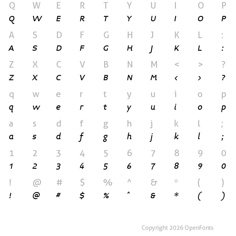 Character Map of Midiet Sans Italic Medium