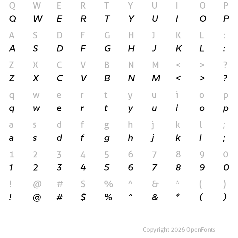 Character Map of Milliard Medium Italic