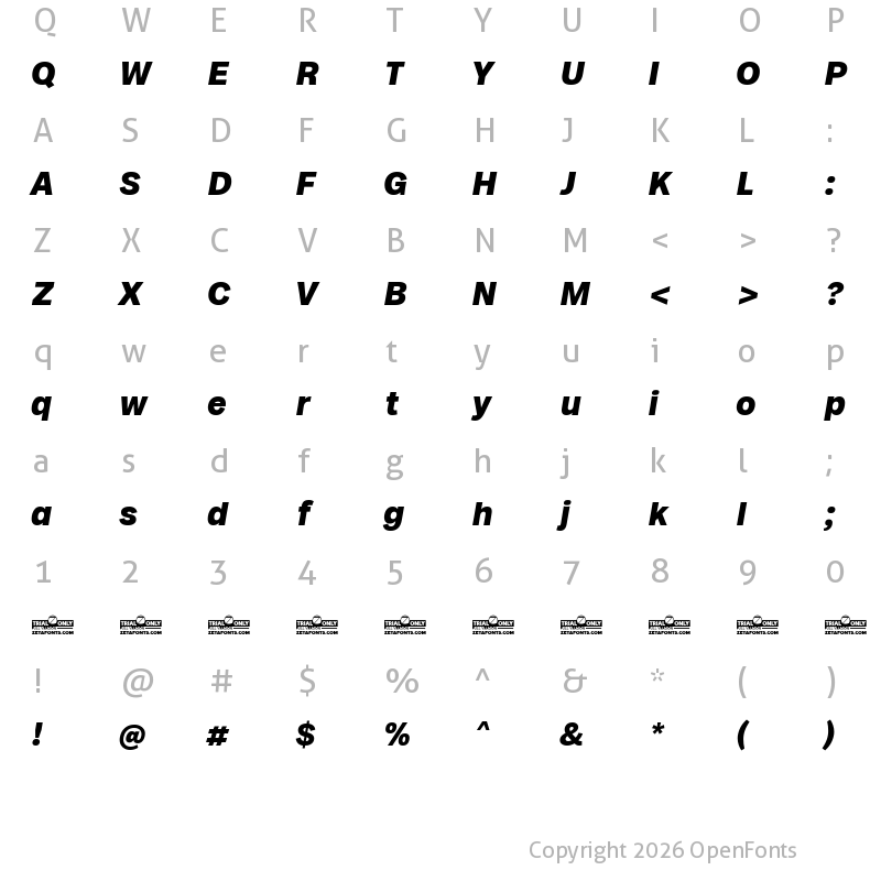 Character Map of Milligram Macro Trial Extrabold Italic