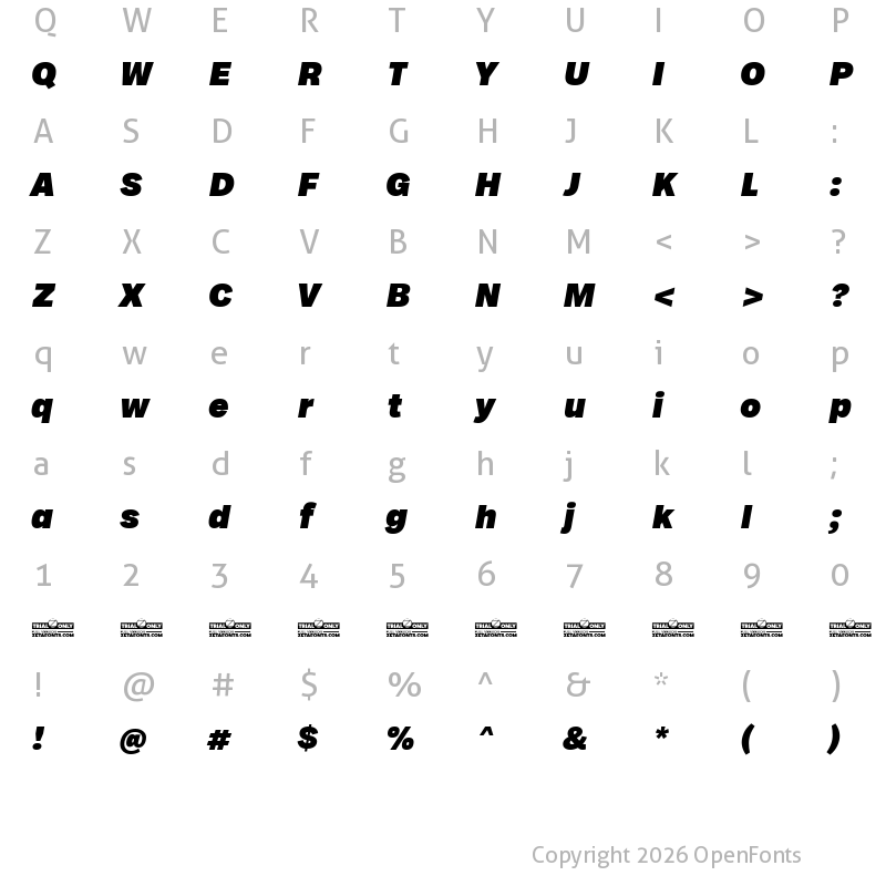 Character Map of Milligram Macro Trial Heavy Italic