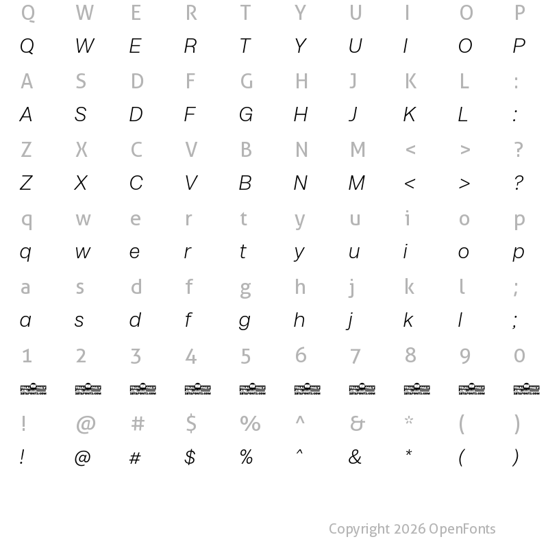 Character Map of Milligram Macro Trial Light Italic