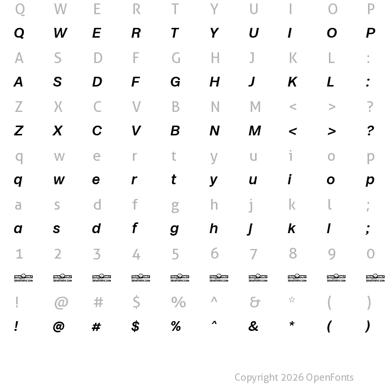 Character Map of Milligram Macro Trial Medium Italic