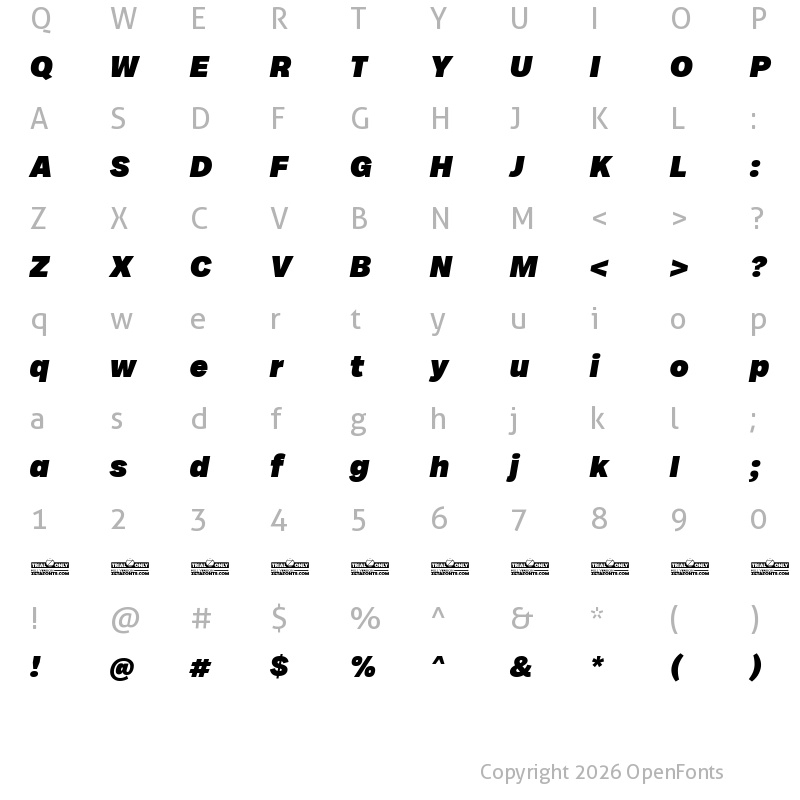 Character Map of Milligram Trial Heavy Italic