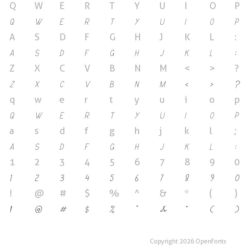 Character Map of minimalising Italic