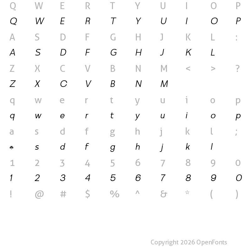 Character Map of Minomu Extra Light Italic