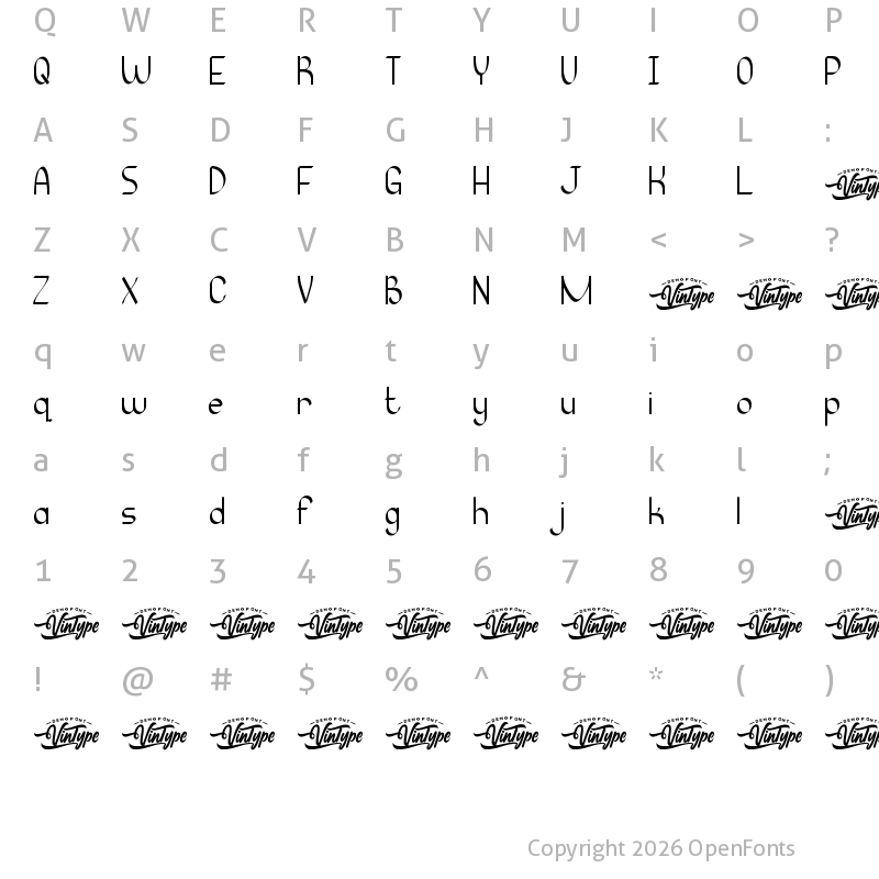 Character Map of Misty Wonders Demo Regular