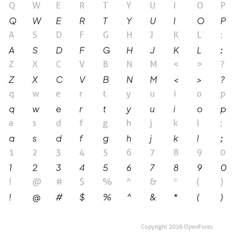 Character Map of Mluvka Light Italic