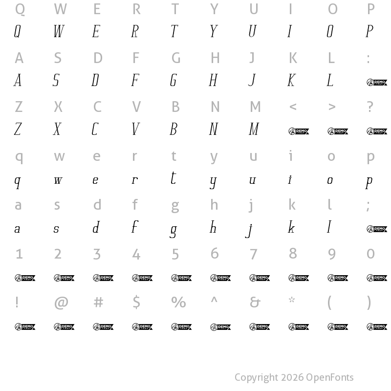 Character Map of Moderate Demo Italic